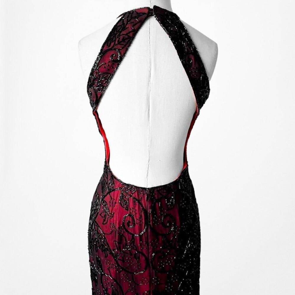 Vintage Burgundy Red Floral Beaded Silk Bodycon Maxi Formal Prom Dress Size S/M - Picture 7 of 8